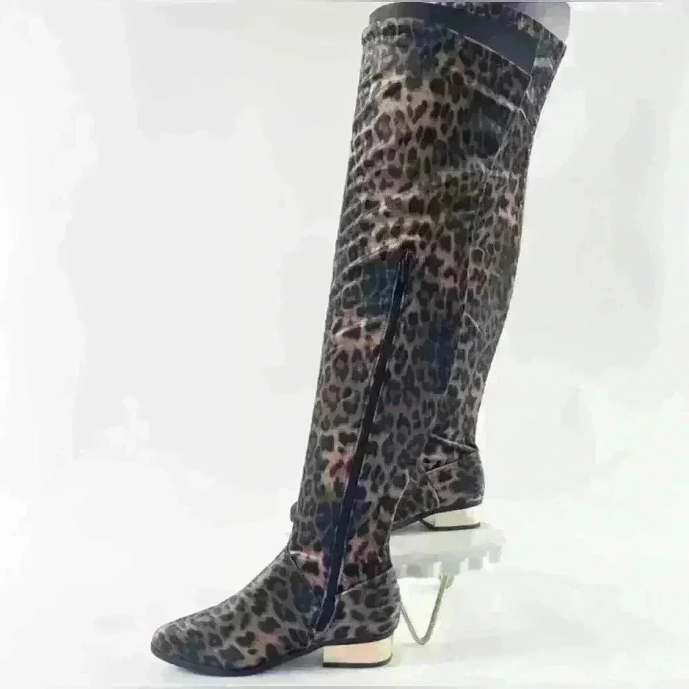 Size 7.5 NWT NIB Bamboo LEOPARD Print velvet Stardom OTK boot gold heel